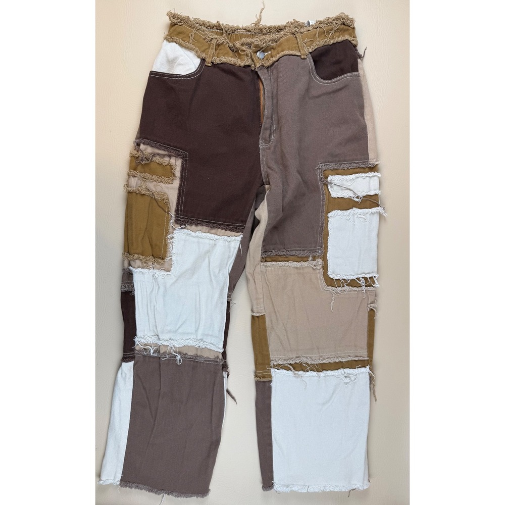 Streetwear Patchwork Distressed Pants Earthy Colorblock Size 32 Unbranded - Picture 3 of 7